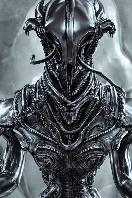 Image similar to engineer prometheus, xenomorph alien, highly detailed, symmetrical long head, smooth marble surfaces, detailed ink illustration, raiden metal gear, cinematic smooth stone, deep aesthetic, concept art, post process, 4k, carved marble texture and silk cloth, latex skin, highly ornate intricate details, prometheus, evil, moody lighting, hr geiger, hayao miyazaki, indsutrial Steampunk