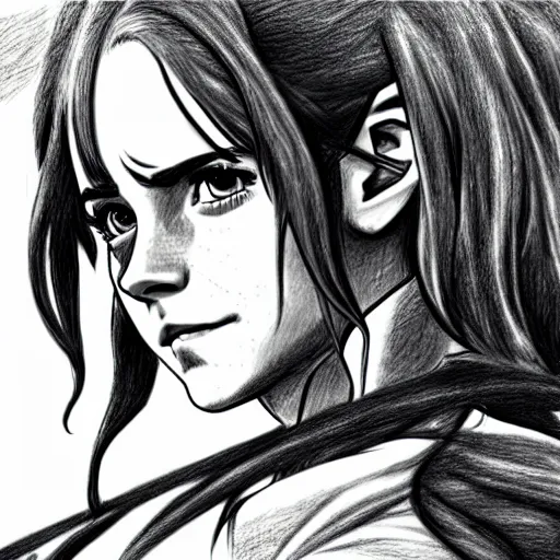 Image similar to a very detailed pencil drawing of emma watson in demon slayer manga panel 4 k, high resolution, still, landscape, hd, dslr, hyper realistic, manga, beautiful