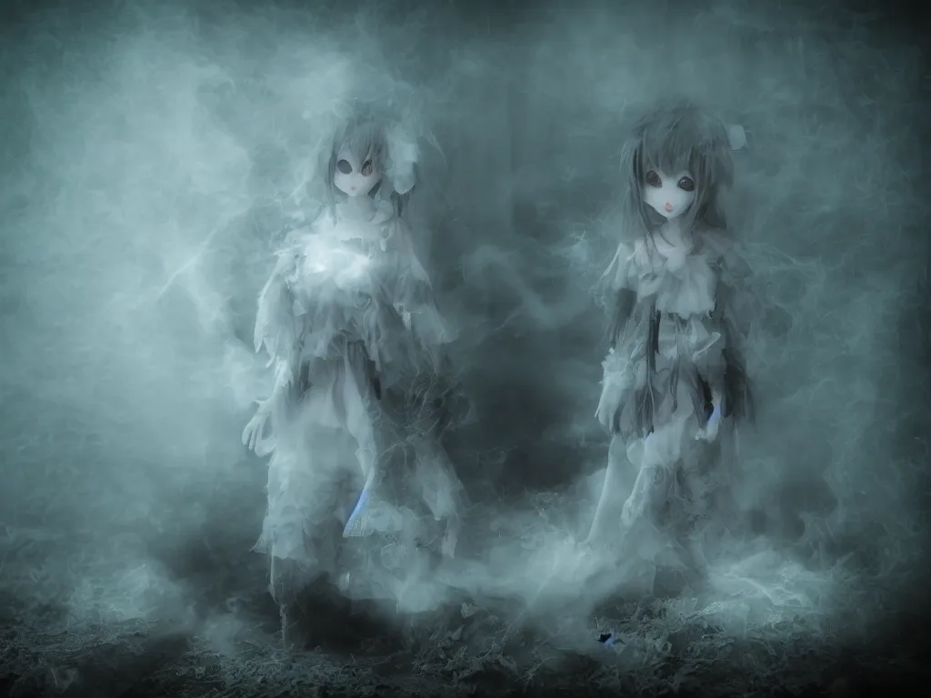 Prompt: cute fumo plush girl ghost in the haze of the murky river, smoke and volumetric fog, tattered gothic horror maiden, fallen angel, green lens flare, light shafts, light and shadow, vray