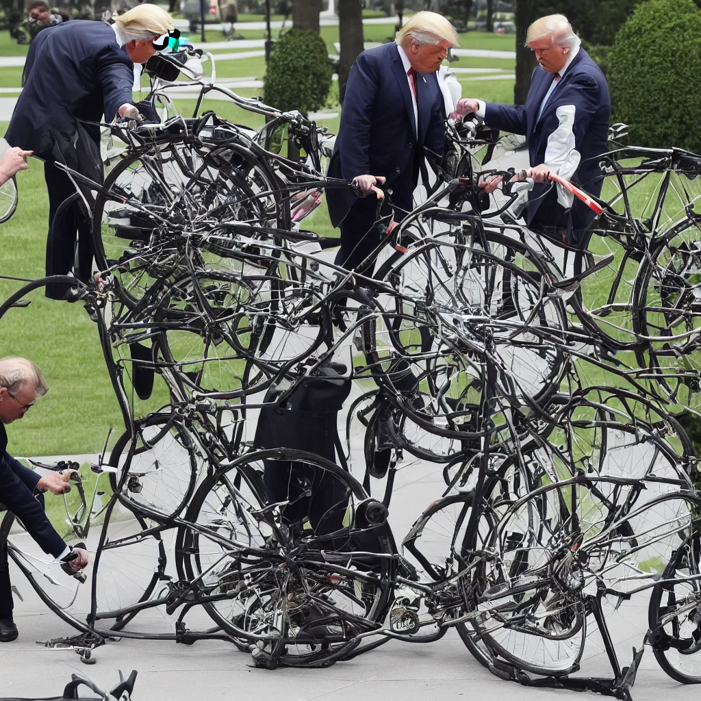 Prompt: trump repairs his bicycle outside the white house