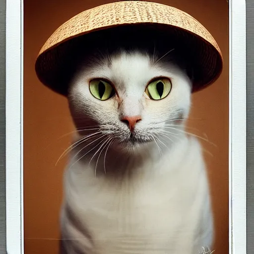 Image similar to A portrait of a cat wearing a small vietnamese straw hat, award winning photo, polaroid, color photo