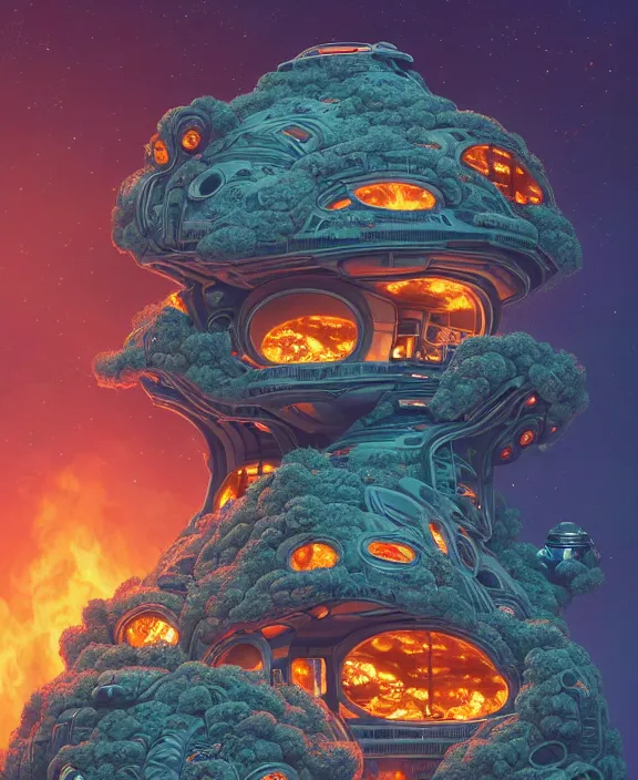 Image similar to an elegant dollhouse made out of exotic fungus, overgrown with shiny blobs, spaceship, sci - fi, robots, sleek, partly cloudy, hell, fire, brimstone, lava, by dan mumford, yusuke murata, makoto shinkai, ross tran, cinematic, unreal engine, cel shaded, featured on artstation, pixiv