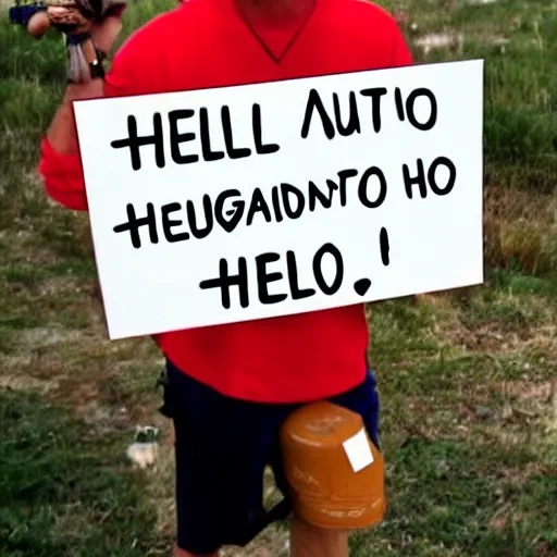 Image similar to <photograph quality=high accurate=true readable=true>Kangaroo holds sign that says Hello</photograph>