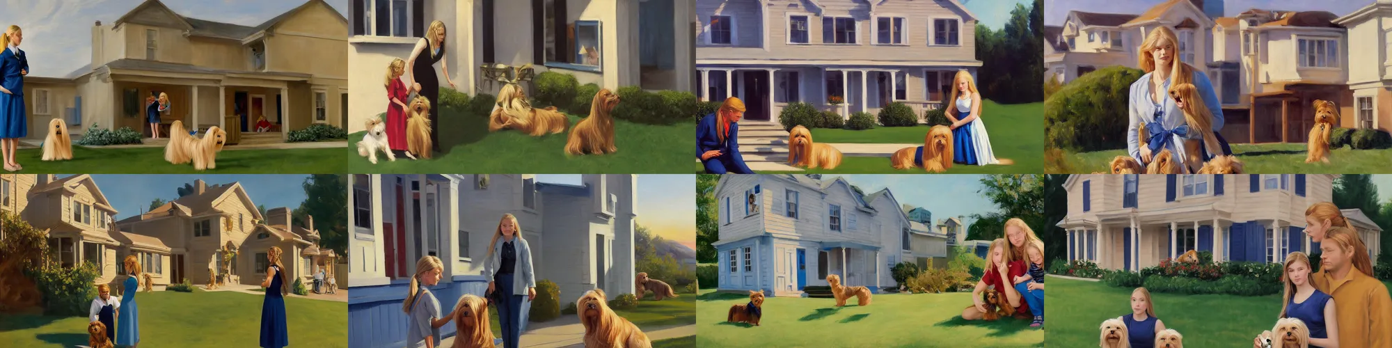 Prompt: A beautiful teen-aged girl, with blond long hair in a ponytail and blue eyes, holding her Yorkshire Terrier, with her father on her right side and her mother on her left side, in front of a two story house, very detailed, 4k masterpiece, painted by Edward Hopper