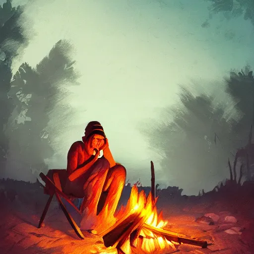 Prompt: Nomadic trader, sitting by a campfire, night, digital art, 4k