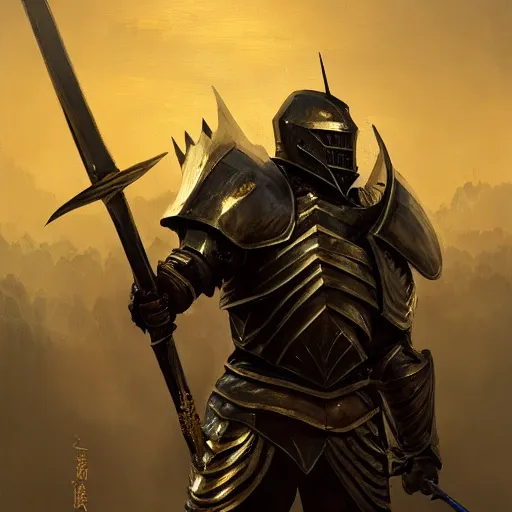 Image similar to anthropomorphic knight warrior in battle wearing black and gold plate armor, oil painting, Tooth Wu, Greg Rutkowski, RPG, dynamic lighting, fantasy art, High contrast, depth of field, landscape, scenery