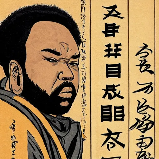 Prompt: Raekwon rapping, portrait, style of ancient text, hokusai