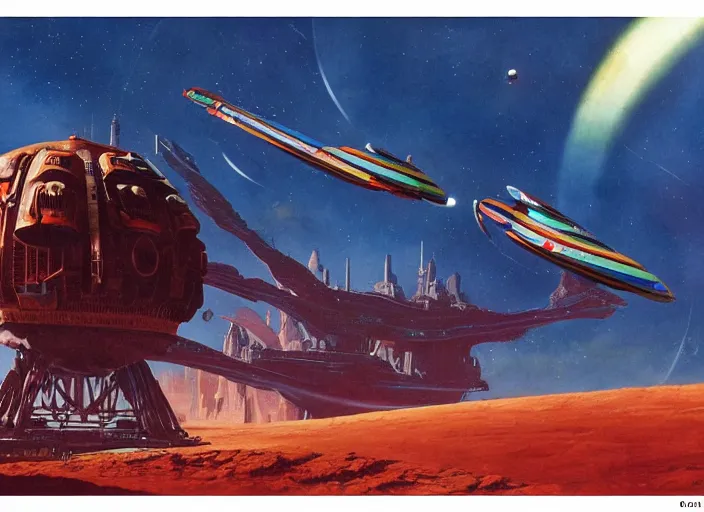 Prompt: brightly colored spaceship, cinematic matte painting, peter elson, chris foss