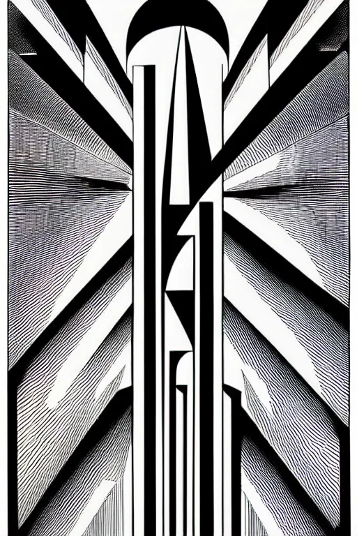 Image similar to art deco, line art by james o barr and albrecht durer, minimalist, surreal woodblock print, black and white, vector, vector art