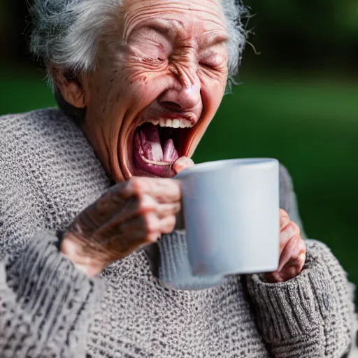 Prompt: elderly woman screaming at a cup of tea, canon eos r 3, f / 1. 4, iso 2 0 0, 1 / 1 6 0 s, 8 k, raw, unedited, symmetrical balance, wide angle