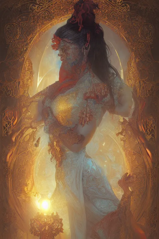 Image similar to tarot card artstation, portrait of a ghostly love dancer, sunrise, baroque ornament and rococo ornament, ancient chinese ornate, hyperdetailed, beautiful lighting, craig mullins, mucha, klimt, yoshitaka amano, red and gold and orange color palette