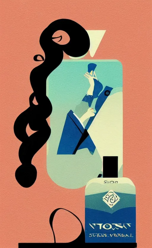 Image similar to illustration, close - up photo with beautiful bottle of perfume near nose, sniffing the aroma, an art deco painting by tom whalen, digital illustration, storybook illustration, grainy texture, flat shading, vector art, airbrush, pastel, watercolor, poster