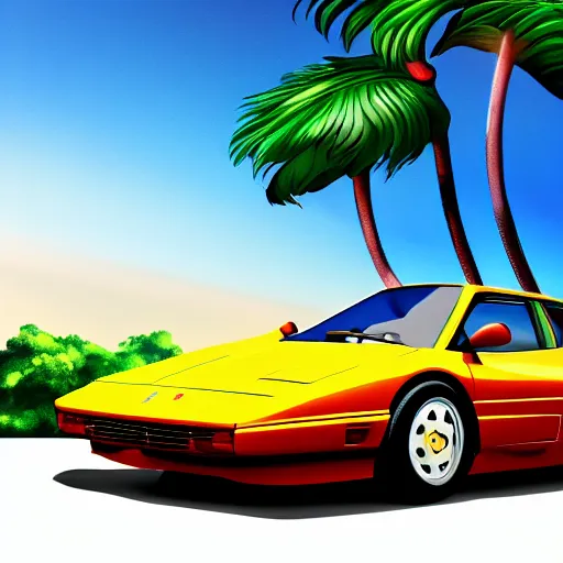 Image similar to digital art profile picture of a duck driving a ferrari testarossa under palm trees, vaporwave, trending on artstation, 4 k, highly detailed, simply great