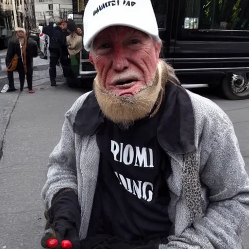 Image similar to donald trump dressed as a homeless man asking for money on the streets, detailed face