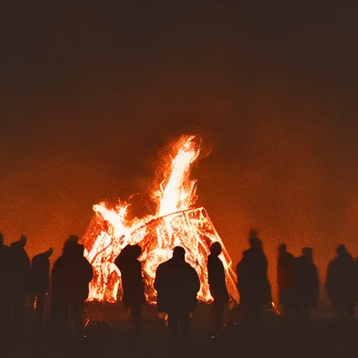 Image similar to a crowd of people standing in front of a fire, a flemish baroque by elsa bleda, unsplash, nuclear art, hellish, dystopian art, volumetric lighting