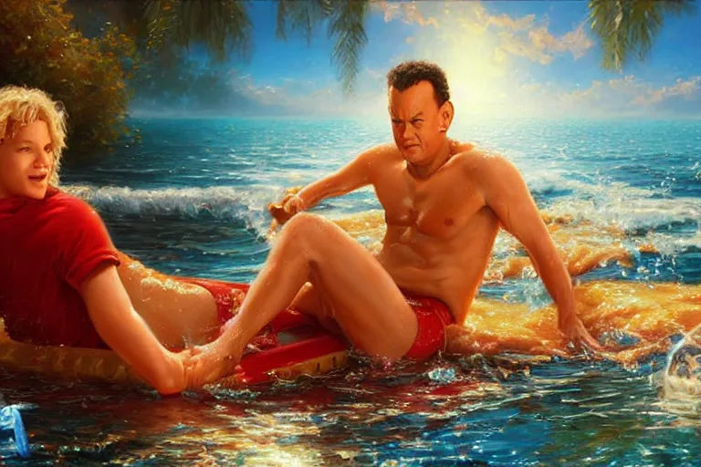 Prompt: tom hanks swimming in lasagna, meg ryan life guard, an oil painting by ross tran and thomas kincade