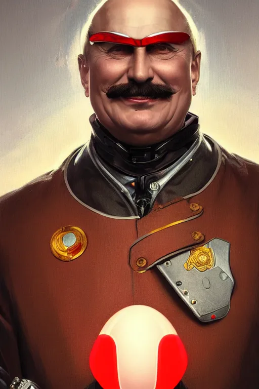 Image similar to vladimir putin as a robotnik dr eggman, realistic portrait, symmetrical, highly detailed, digital painting, artstation, concept art, smooth, sharp focus, illustration, cinematic lighting, art by artgerm and greg rutkowski and alphonse mucha