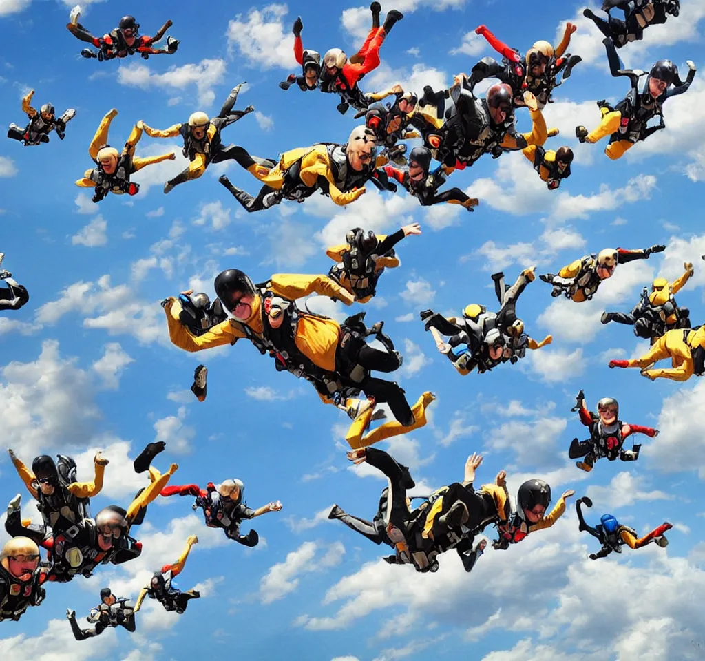 Image similar to many cats doing skydive from a big plane digital art, smooth, focus, highly detailed, hyper realistic