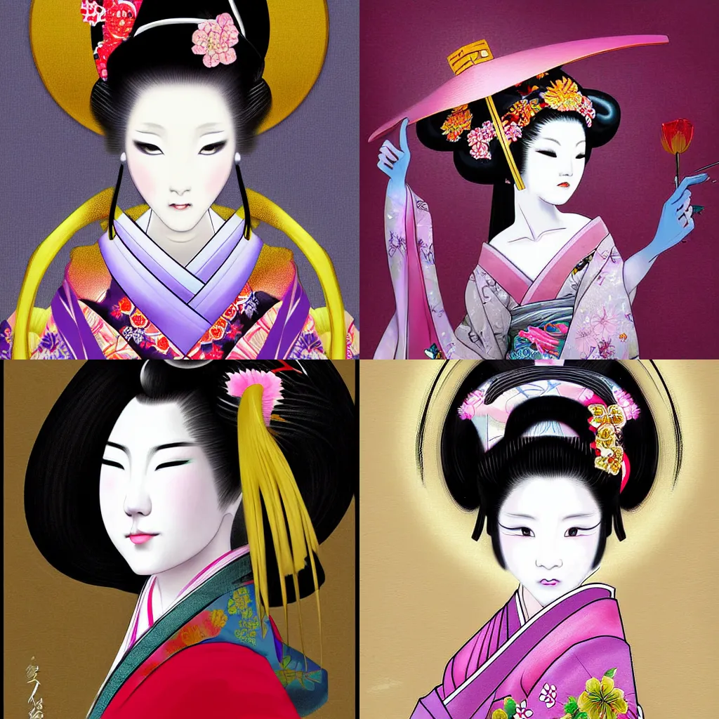 Prompt: digital painting of a beautiful geisha by yoshitaka amano