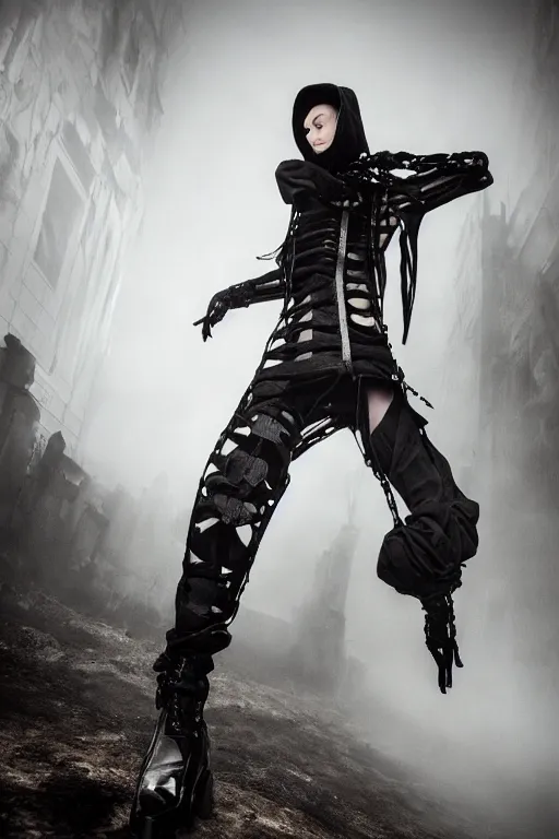 Image similar to avant garde techwear look and clothes, we can see them from feet to head, highly detailed and intricate, hypermaximalist, dystopian castle background, eerie fog, luxury, Rick Owens, Errolson Hugh, Yohji Yamamoto, Chrome Hearts, cinematic outfit photo