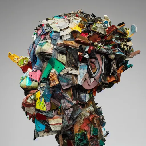 Prompt: A sculpture a preacher Dante Gebel made pure recycle materials trash, Rebecca Sugar