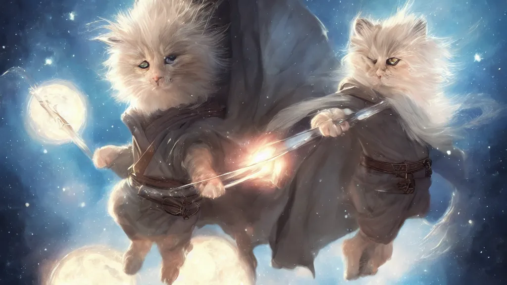 Prompt: one cartoonish kitten dressed as Gandalf floating in space, bright stars, anime, a fantasy digital painting by Greg Rutkowski and James Gurney, trending on Artstation, highly detailed