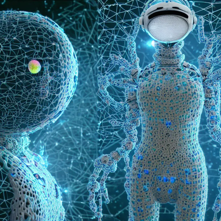 Image similar to a cybernetic symbiosis of a single astronaut mech-organic eva suit made of pearlescent wearing knitted shiny ceramic multi colored yarn thread infected with diamond 3d fractal lace iridescent bubble 3d skin dotted covered with orb stalks of insectoid compound eye camera lenses floats through the living room, film still from the movie directed by Denis Villeneuve with art direction by Salvador Dalí, wide lens,kevlar,carbon fiber,ceramics,gaseous materials,