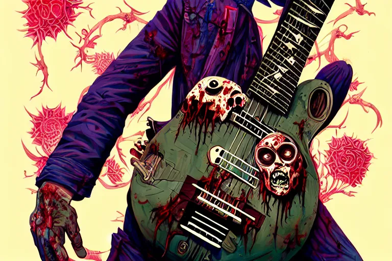 Image similar to zombie punk playing acoustic guitar, tristan eaton, victo ngai, artgerm, rhads, ross draws, intricated details, 3 / 4 view, full body portrait