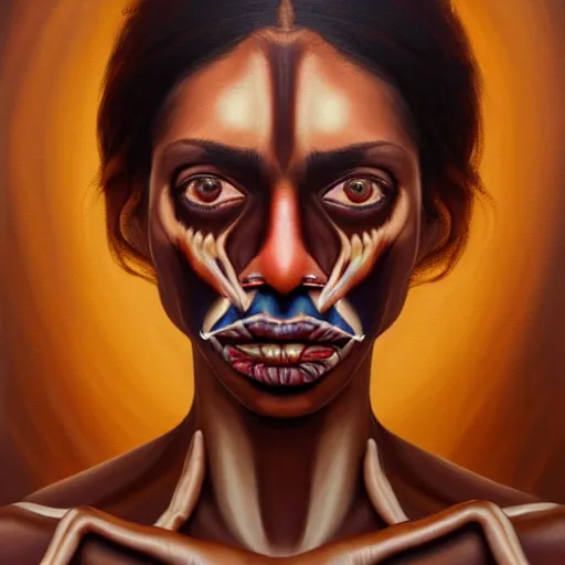 Image similar to a painting of a brown womanterrified of three brown men, hyperrealistic faces, detailed digital art, aesthetic!, trending on artstation, anatomically correct face and fingers