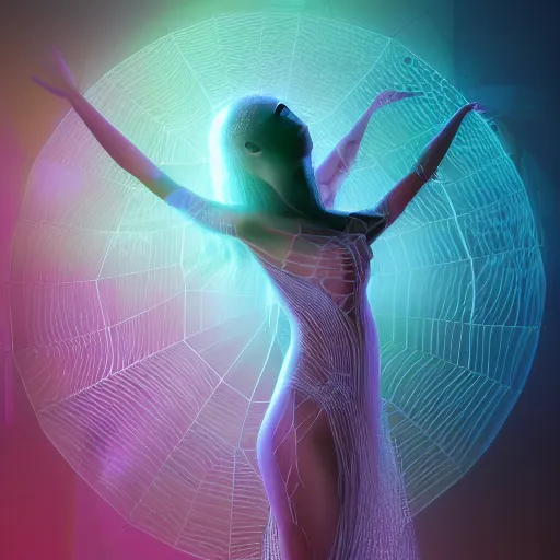 Image similar to A very detailed digital art rendering and concept design of a stunning young ethereal woman beautifully positioned and beautifully intertwined in realistic chromatic liquid like shot webs, art by Andrew Chiampo and Frederik Heyman, volumetric lighting, three dimensions, a digitally transformed environment, user interface design, 3D modeling, illustration, and transportation design, fantasy, hyper realism, 4k