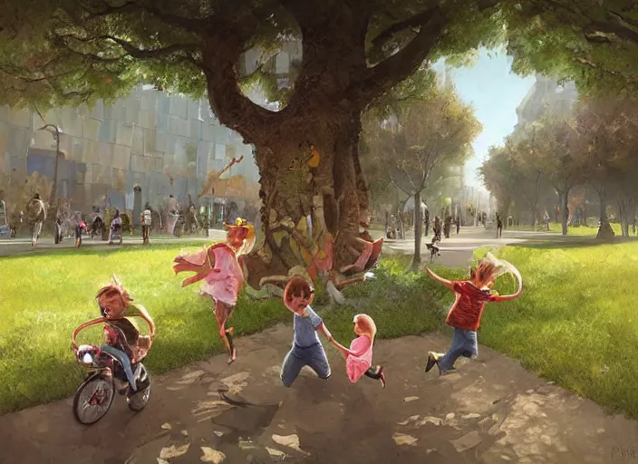 Image similar to happy children fly through a public park, by alejandro burdisio and bob bylerley and greg rutkowski