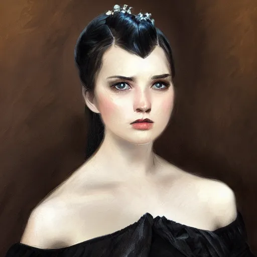 Image similar to a beautiful young woman, pale skin, black long hair, aristocrat, black expensive dress from 1 8 6 0, oil painting, digital art, studio photo, realistic, artstation, high quality, wild west