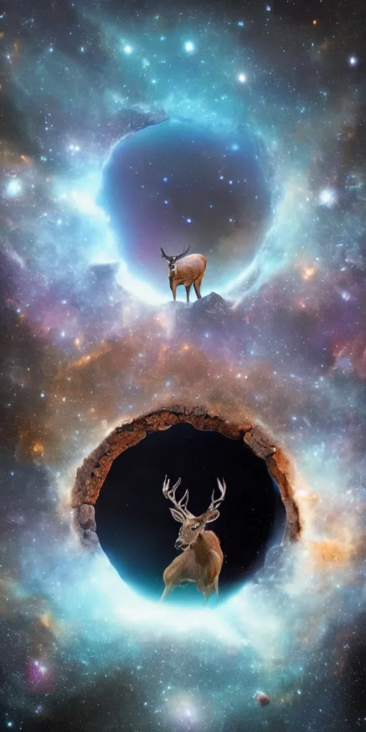 Image similar to an extreme long shot of a deer peering into a giant portal into the universe and galaxies in the shape of a keyhole to the nebulae and galaxies, beautiful matte painting by weta workshop 4 k, cinematic dramatic atmosphere, dramatic lighting, trending on artstation