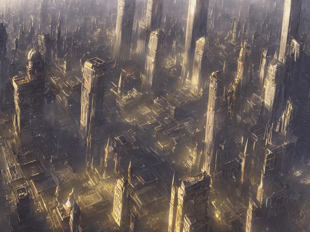 Prompt: big empty city with six extremely tall spiking towers, by artgerm and greg rutkowski and alphonse mucha, global illumination, hyperrealistic, volumetric lighting, epic cinematic shot, perfectly defined features, ambient occlusion