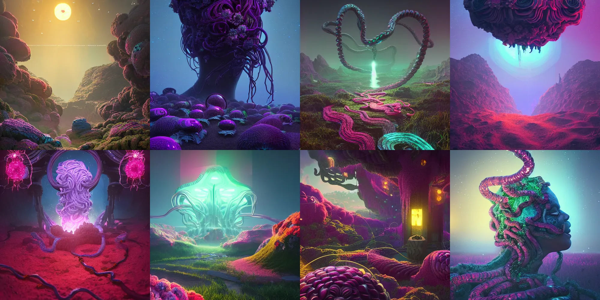 Prompt: beautiful dark landscape, medusa gorgon head, beautiful flowers and crystals, in the style of beeple and mike winkelmann, intricate, epic lighting, cinematic composition, hyper realistic, 8 k resolution, unreal engine 5, raytracing, ultraviolet colors,