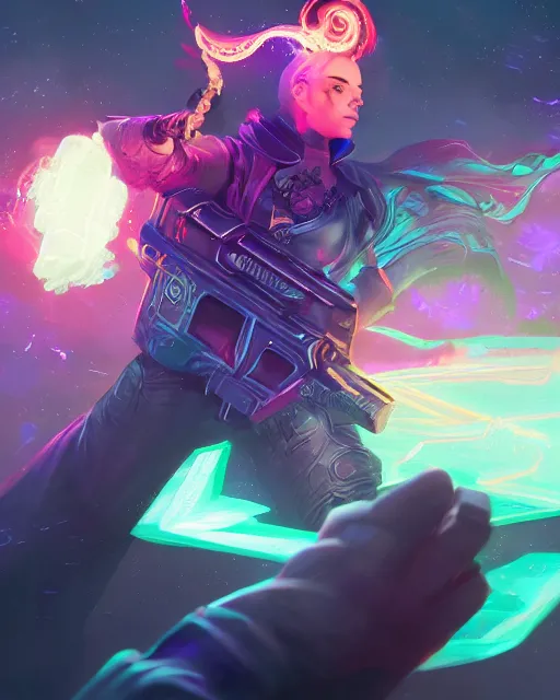 Image similar to A sorcerer wielding two Glock pistols, surrealism, smooth, intricate, elegant, galactic energy, power aura, neon glowing spells, digital painting, artstation, concept art, high tech fantasy, sharp focus, illustration, art by Jason Chan and Riot Studios and Blizzard Studios