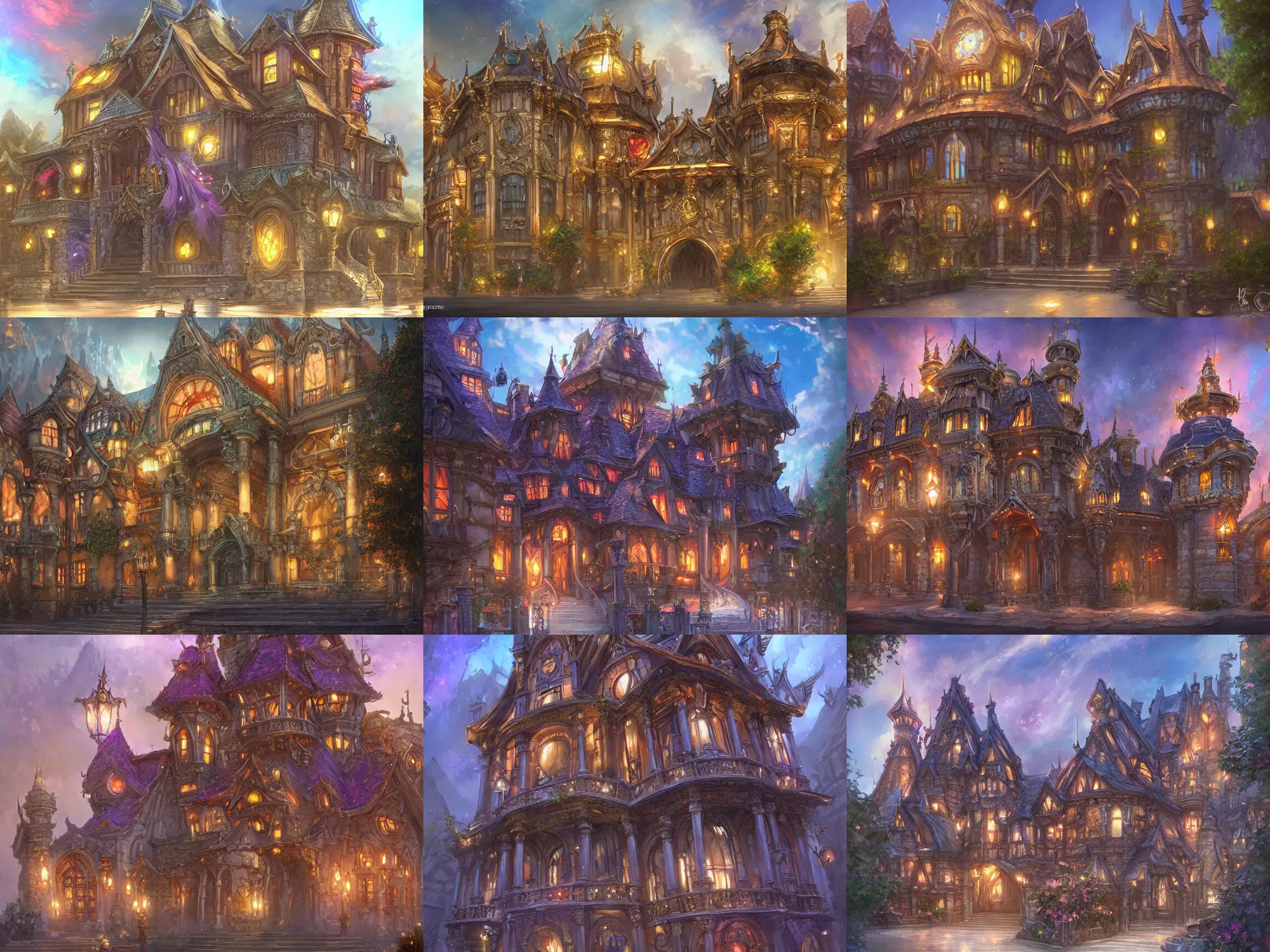 Prompt: gorgeous exterior picture of a fantasy guild building, majestic design, 3 floors, ornamental, big entrance, colorful, high fantasy, by rossdraws, ralph horsley, artstationhd