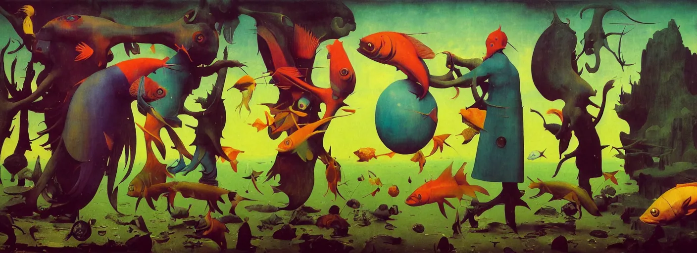Prompt: full - body surreal colorful fish rpg character concept art anatomy, action pose, very coherent and colorful high contrast masterpiece by norman rockwell franz sedlacek hieronymus bosch dean ellis simon stalenhag rene magritte gediminas pranckevicius, dark shadows, sunny day, hard lighting, reference sheet white! background