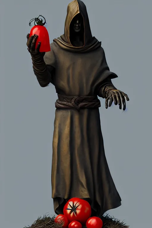 Prompt: a statue of a hooded cultist is holding a bloody knife in one hand and a tomato on the other, by patrick mcenvoy and michael komarck and fantasy flight, incredible quality, trending on artstation
