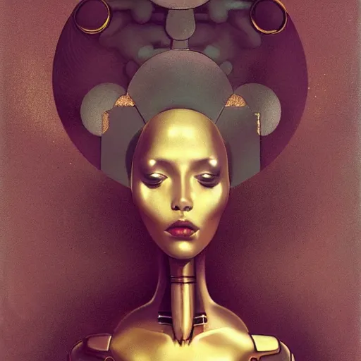 Image similar to a beautiful female robot, elegant pose, afro, gold wax melting, by Anato Finnstark, Tom Bagshaw, Brom