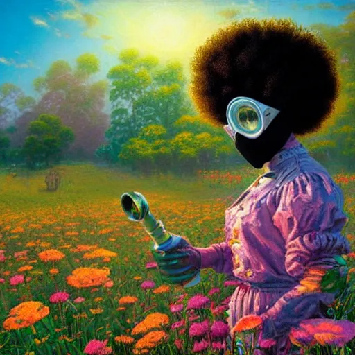 Prompt: a black girl with afro puffs wearing a gas mask in a field of flowers at sunset by android jones and thomas kinkade, oil on canvas,