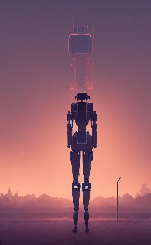 Image similar to Woman standing before a huge robot, highly detailed, digital art, in the style of Simon Stålenhag, trending on artstation, matte painting, accurate anatomy, elegant, concept art, sharp focus, 4k