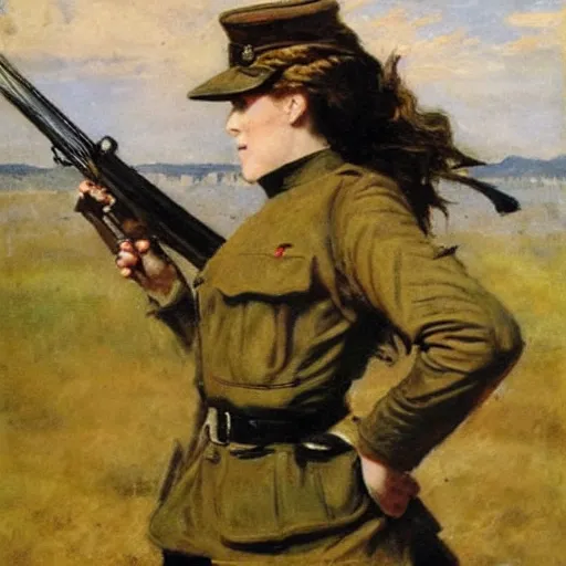 Image similar to action heroine leading a ww 1 army, by alfred stevens