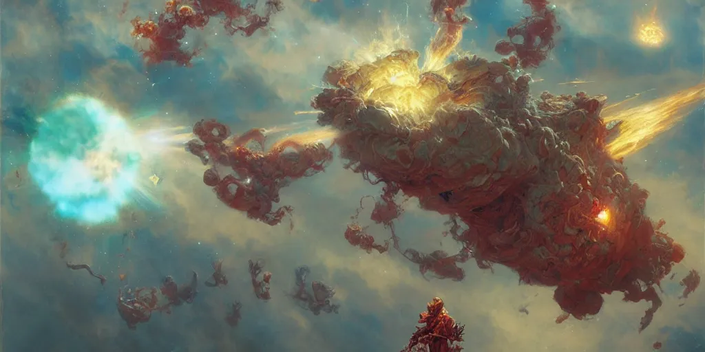 Prompt: supernova, flying plant factory producing clouds in space, painted by ruan jia, raymond swanland, lawrence alma tadema, zdzislaw beksinski, norman rockwell, jack kirby, tom lovell, alex malveda, greg staples