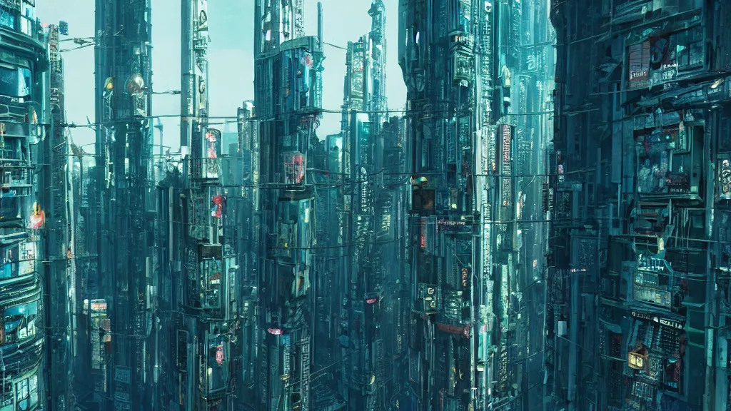 Prompt: an ancient cyberpunk tallbuilding, film still, epic shot cinematography