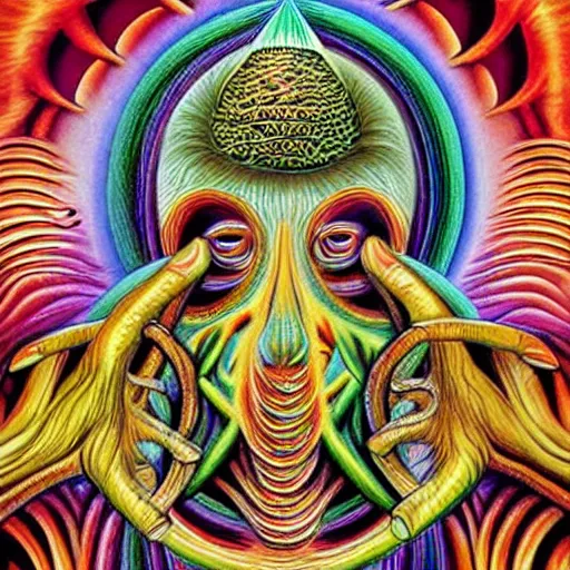Image similar to mushroom god by Alex Grey