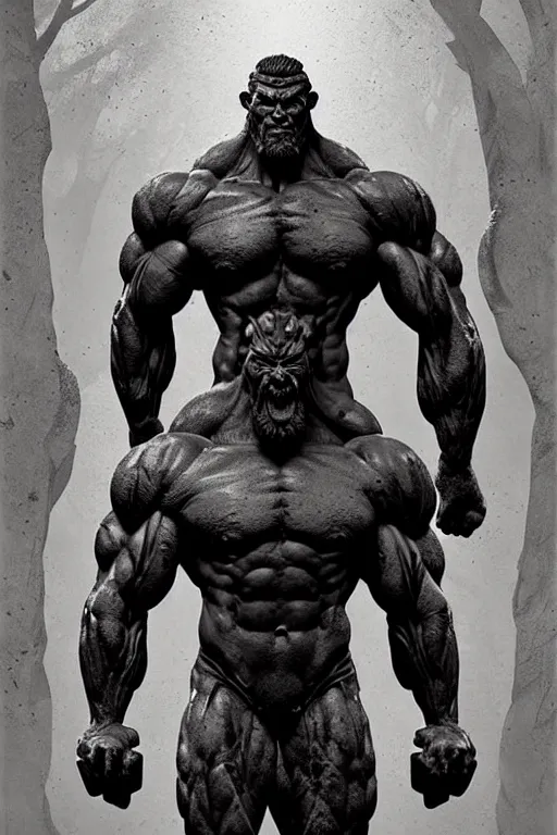 Image similar to greg rutkowski poster. ancient stone carved sculpture of a giant muscular man in the woods