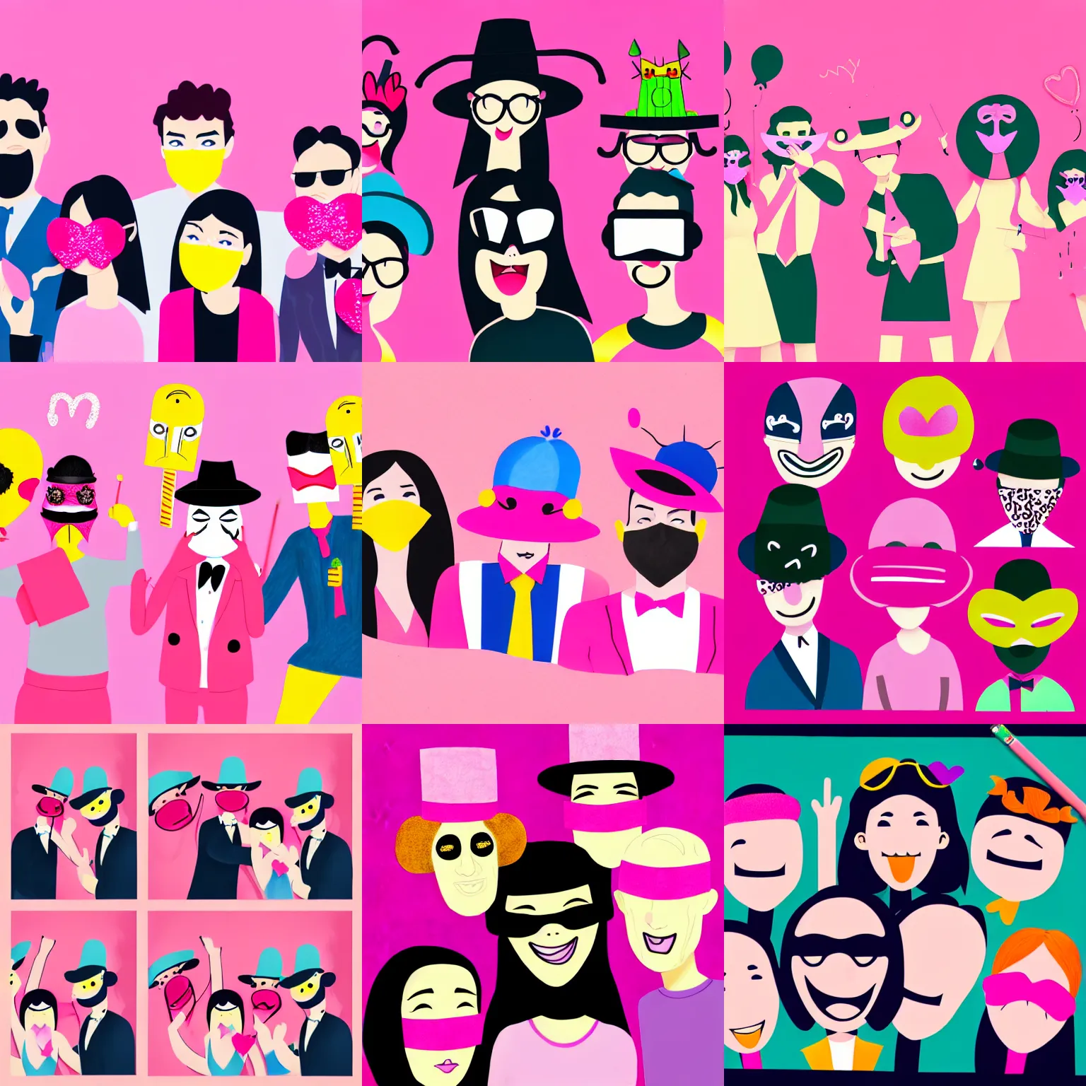 Prompt: an illustration of a group of people having fun in a photo booth at a wedding, funny hats and masks, trending on artstation, behance, pencil crayon on pink paper