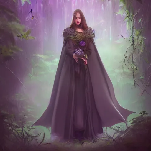 Image similar to Beautiful woman in dark cloak pick flower at night forest, muted colors, long shot, fairy tale, purple tones, trending on artstation, unreal engine 4, high detailed, vivid atmosphere, 8k, color correction, lighting, mood, floral arrangement, grunge, broom, wood