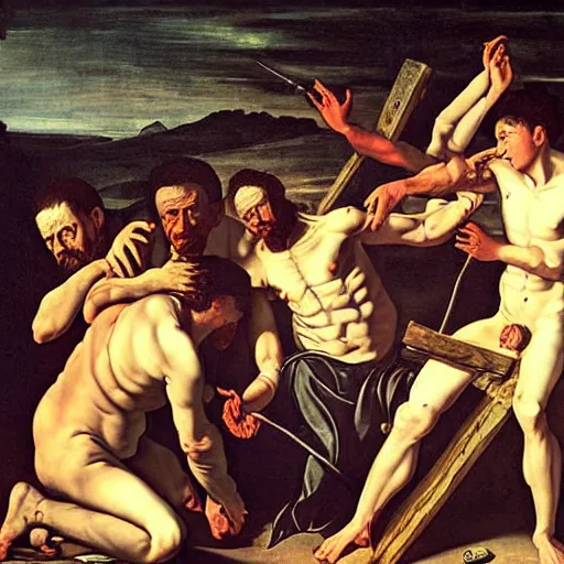 Image similar to the end of man with 2 1 savage apocalypse by caravaggio